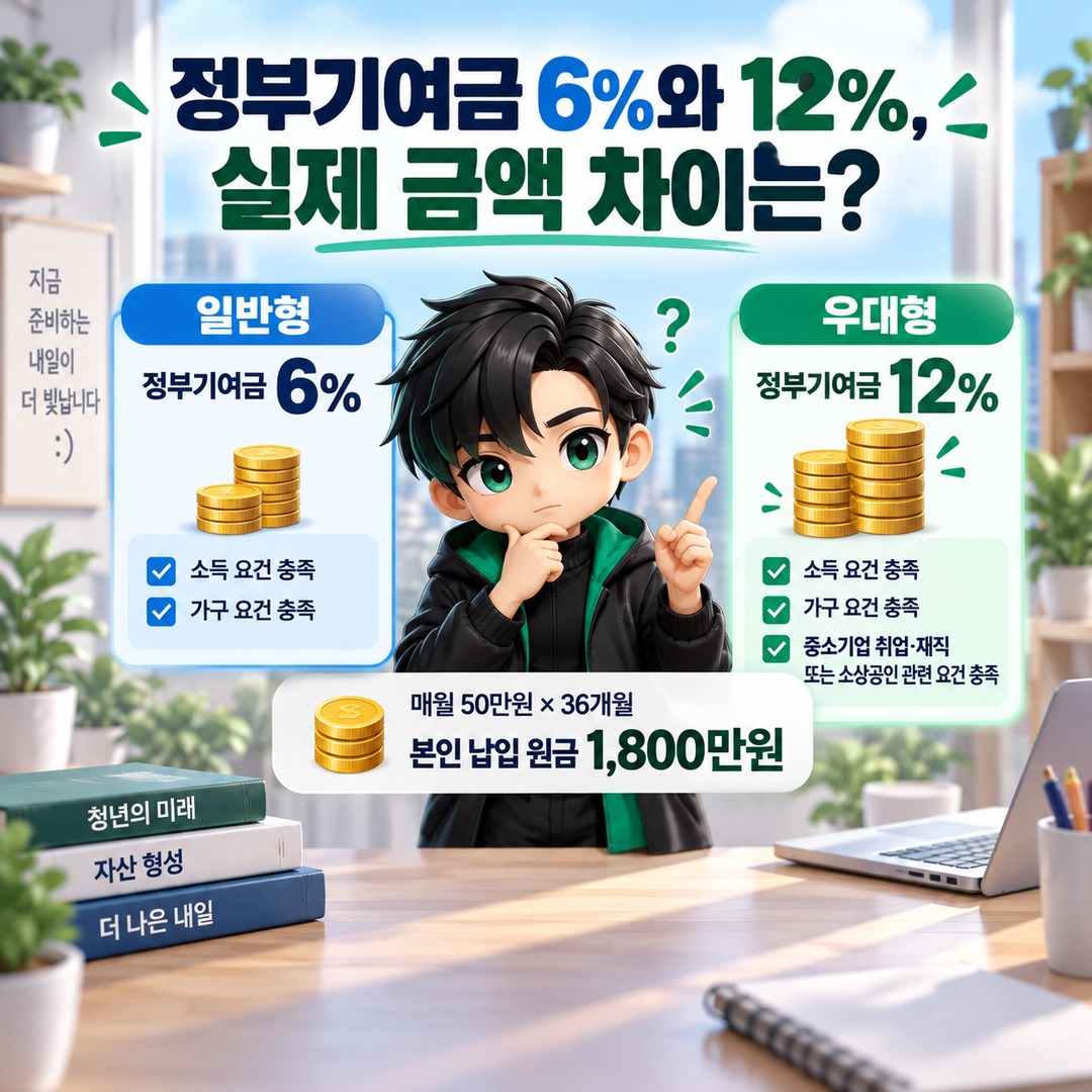 청년미래적금 2차 신청, 연봉 6천만원 정부기여금 받는 조건과 10월 마감일 - 정부기여금 6%와 12%, 실제 금액 차이는? 핵심 내용을 정리한 정보형 이미지