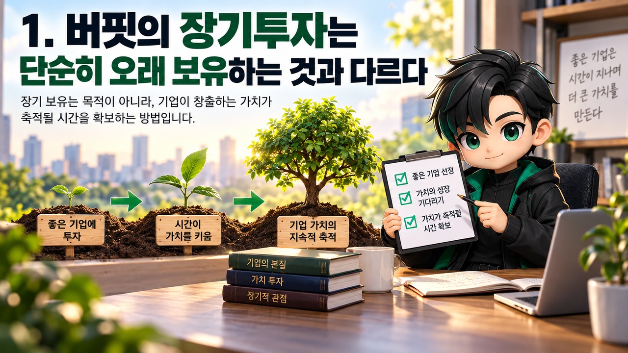 워런 버핏의 복리 투자 원칙 5가지｜1천만원의 30년 계산과 장기투자의 진짜 조건 - 1. 버핏의 장기투자는 단순히 오래 보유하는 것과 다르다 핵심 내용을 정리한 정보형 이미지