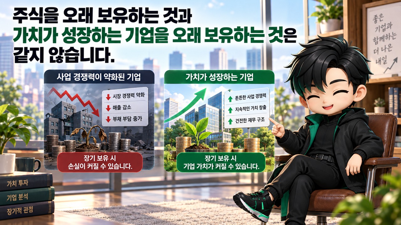 워런 버핏의 복리 투자 원칙 5가지｜1천만원의 30년 계산과 장기투자의 진짜 조건 - 주식을 오래 보유하는 것과 가치가 성장하는 기업을 오래 보유하는 것은 같지 않습니다. 핵심 내용을 정리한 정보형 이미지
