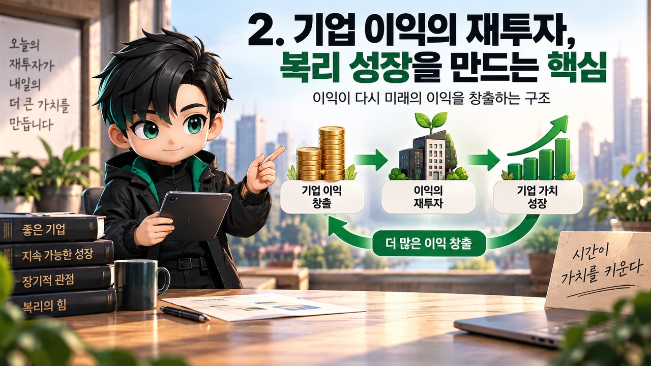 워런 버핏의 복리 투자 원칙 5가지｜1천만원의 30년 계산과 장기투자의 진짜 조건 - 2. 기업 이익의 재투자, 복리 성장을 만드는 핵심 핵심 내용을 정리한 정보형 이미지