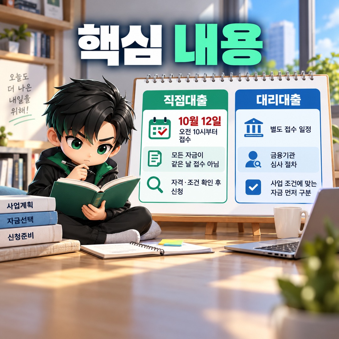 2026년 4분기 소상공인 정책자금, 10월 12일 직접대출과 대리대출 선택 기준 - 핵심 내용 핵심 내용을 정리한 정보형 이미지