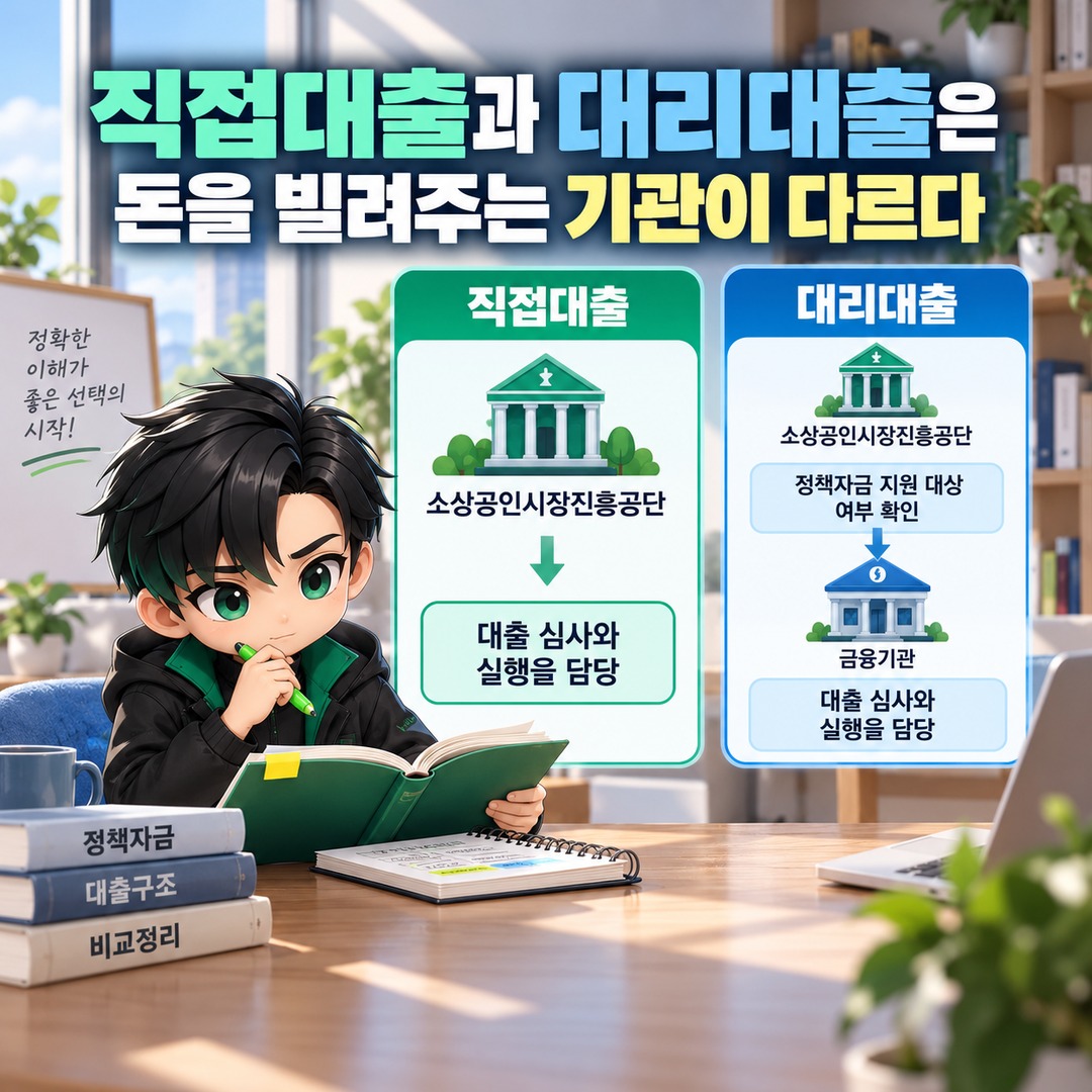 2026년 4분기 소상공인 정책자금, 10월 12일 직접대출과 대리대출 선택 기준 - 직접대출과 대리대출은 돈을 빌려주는 기관이 다르다 핵심 내용을 정리한 정보형 이미지