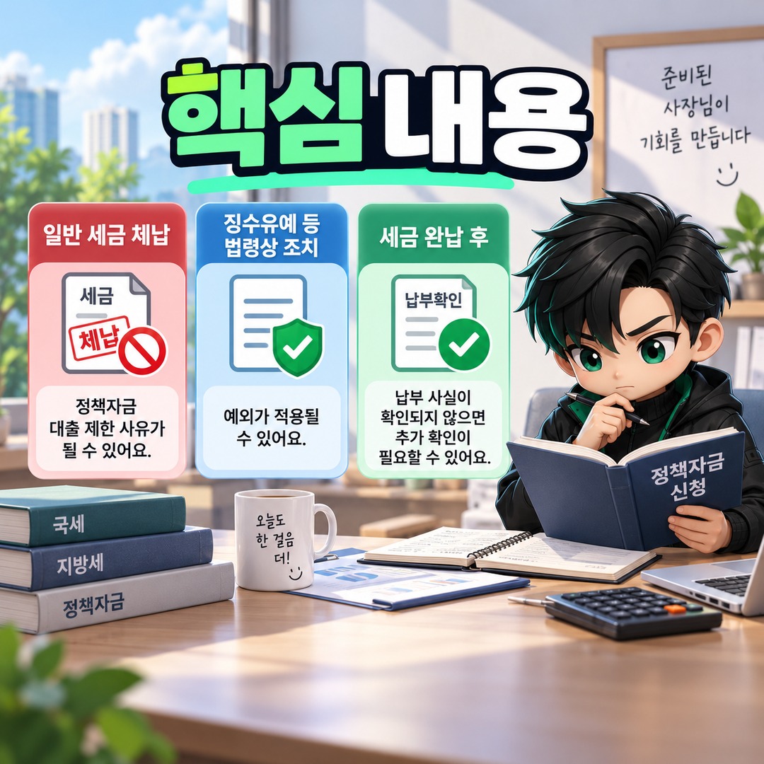 소상공인 정책자금 세금 체납 중에도 신청할 수 있을까? 징수유예·완납 후 차이 - 핵심 내용 핵심 내용을 정리한 정보형 이미지