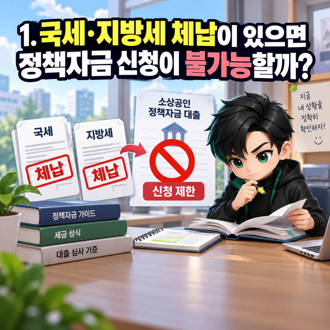 소상공인 정책자금 세금 체납 중에도 신청할 수 있을까? 징수유예·완납 후 차이 - 1. 국세·지방세 체납이 있으면 정책자금 신청이 불가능할까? 핵심 내용을 정리한 정보형 이미지
