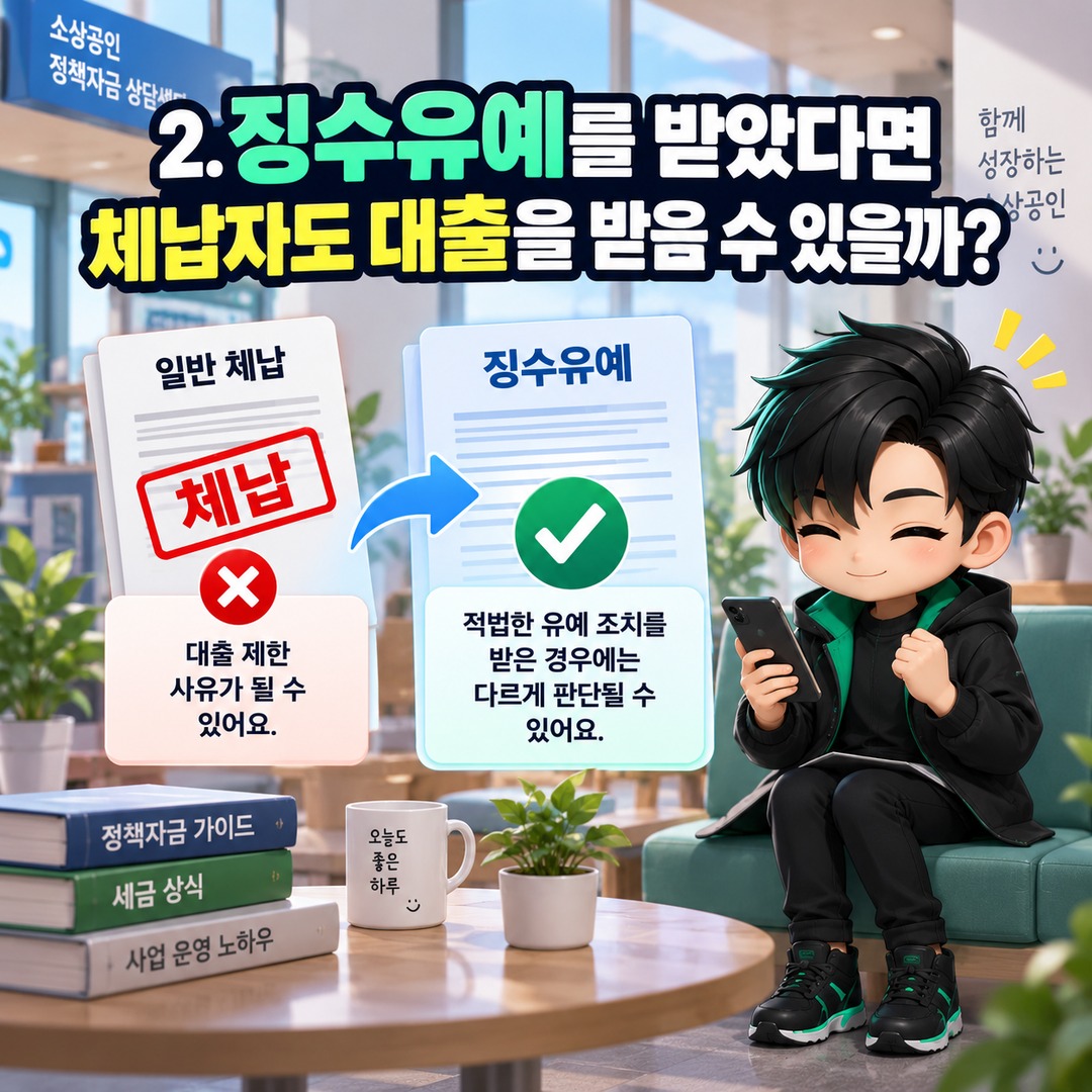소상공인 정책자금 세금 체납 중에도 신청할 수 있을까? 징수유예·완납 후 차이 - 2. 징수유예를 받았다면 체납자도 대출을 받을 수 있을까? 핵심 내용을 정리한 정보형 이미지