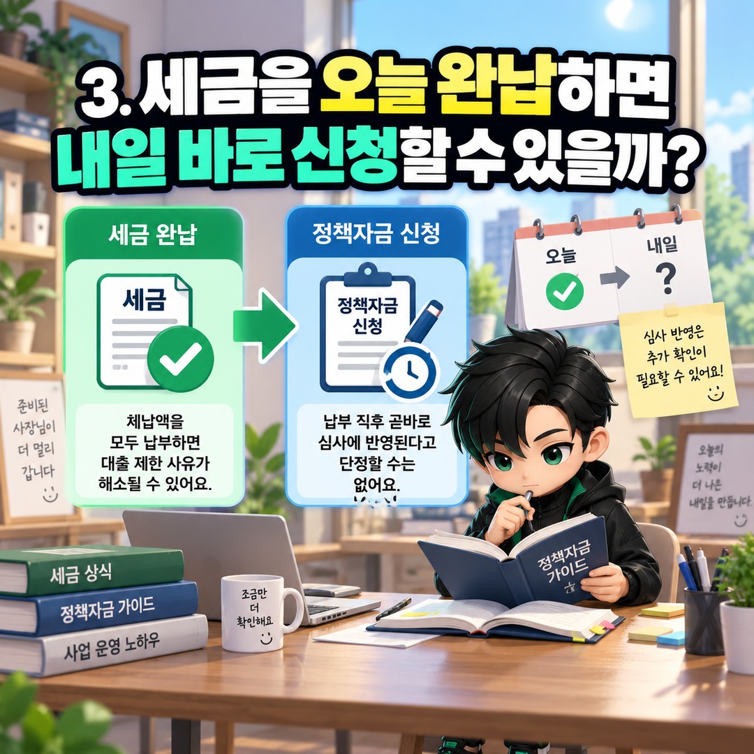 소상공인 정책자금 세금 체납 중에도 신청할 수 있을까? 징수유예·완납 후 차이 - 3. 세금을 오늘 완납하면 내일 바로 신청할 수 있을까? 핵심 내용을 정리한 정보형 이미지