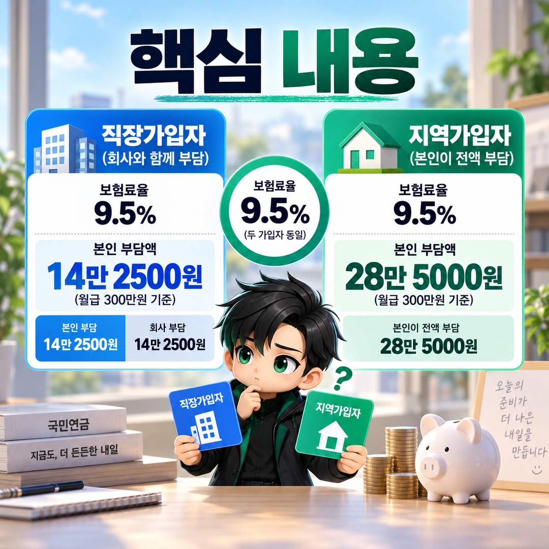 2026 National Pension contributions on a monthly salary of KRW 3,000,000: Why employees pay KRW 142,500 and individually insured members pay KRW 285,000 — informational graphic sum