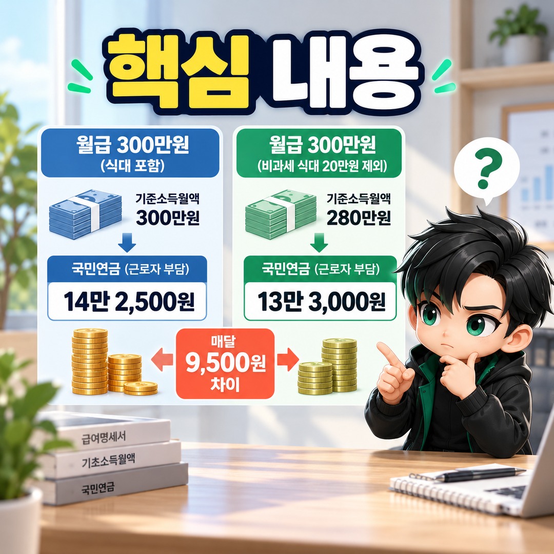 2026 국민연금 월급 300만원인데 14만2500원보다 적게 빠지는 이유, 비과세 식대 20만원 차이 - 핵심 내용 핵심 내용을 정리한 정보형 이미지