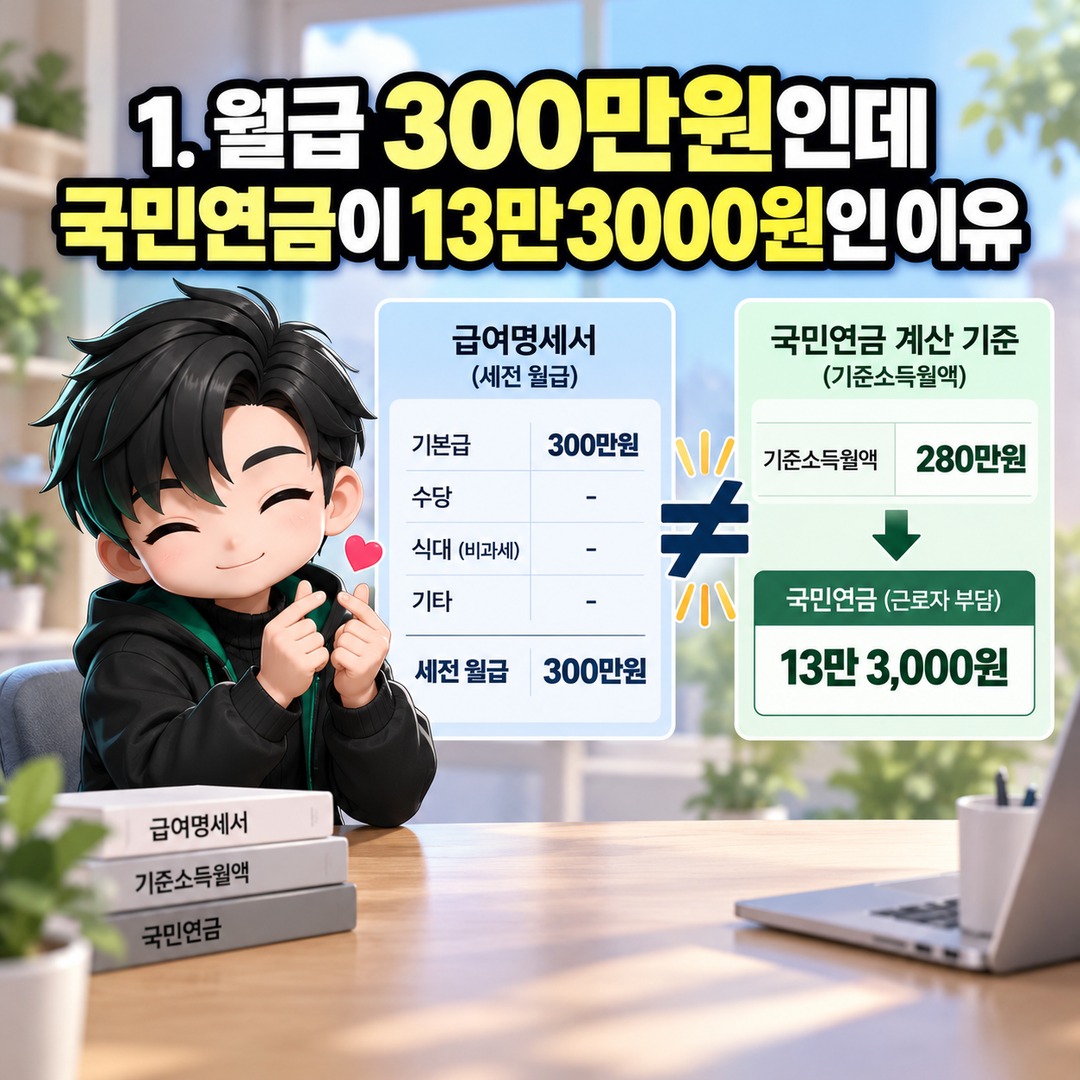 2026 국민연금 월급 300만원인데 14만2500원보다 적게 빠지는 이유, 비과세 식대 20만원 차이 - 1. 월급 300만원인데 국민연금이 13만3000원인 이유 핵심 내용을 정리한 정보형 이미지