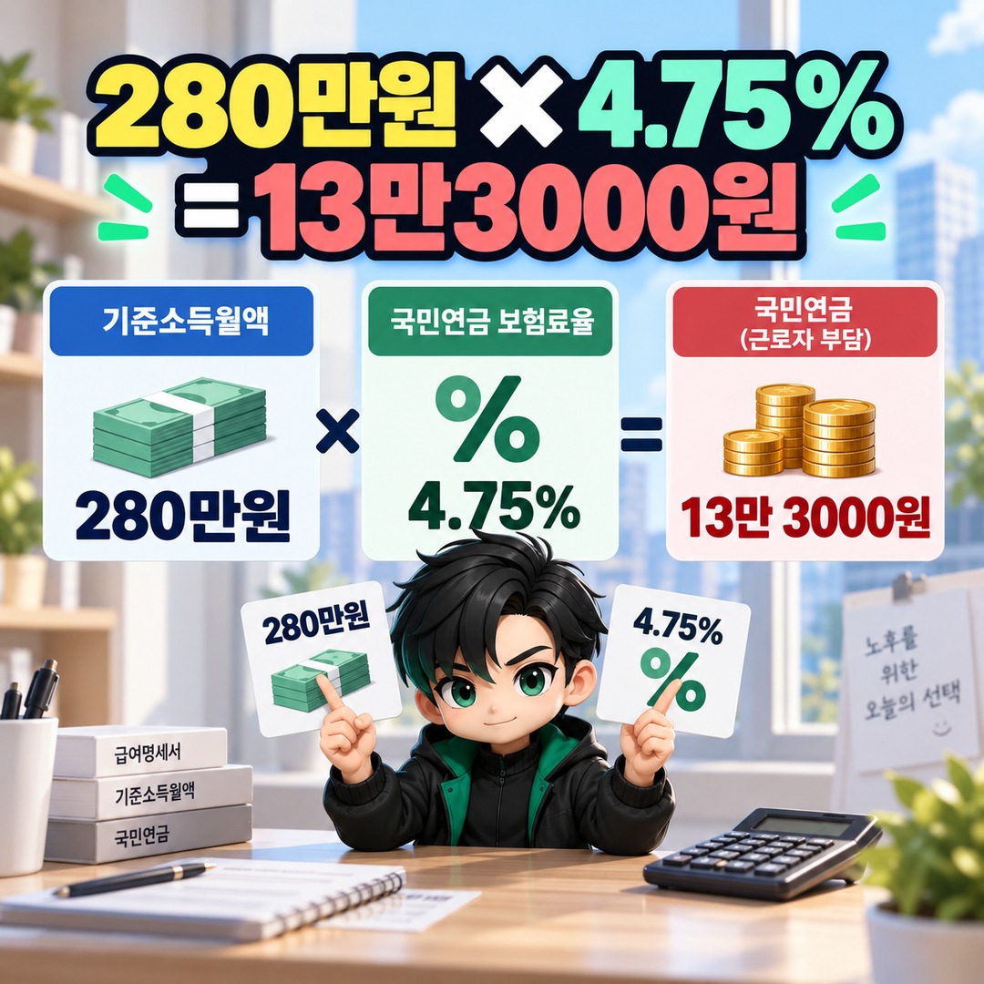 2026 국민연금 월급 300만원인데 14만2500원보다 적게 빠지는 이유, 비과세 식대 20만원 차이 - 280만원 × 4.75% = 13만3000원 핵심 내용을 정리한 정보형 이미지