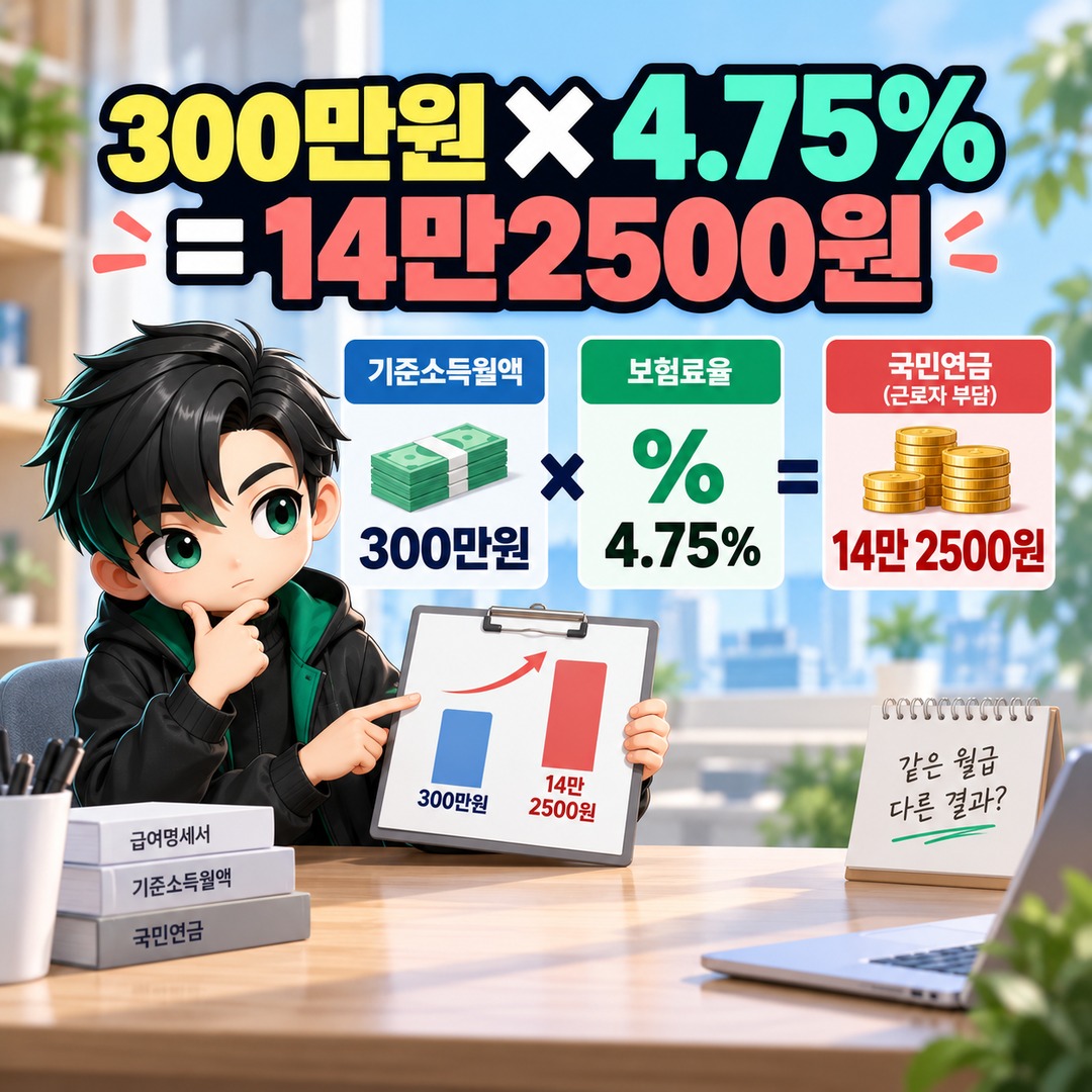 2026 국민연금 월급 300만원인데 14만2500원보다 적게 빠지는 이유, 비과세 식대 20만원 차이 - 300만원 × 4.75% = 14만2500원 핵심 내용을 정리한 정보형 이미지