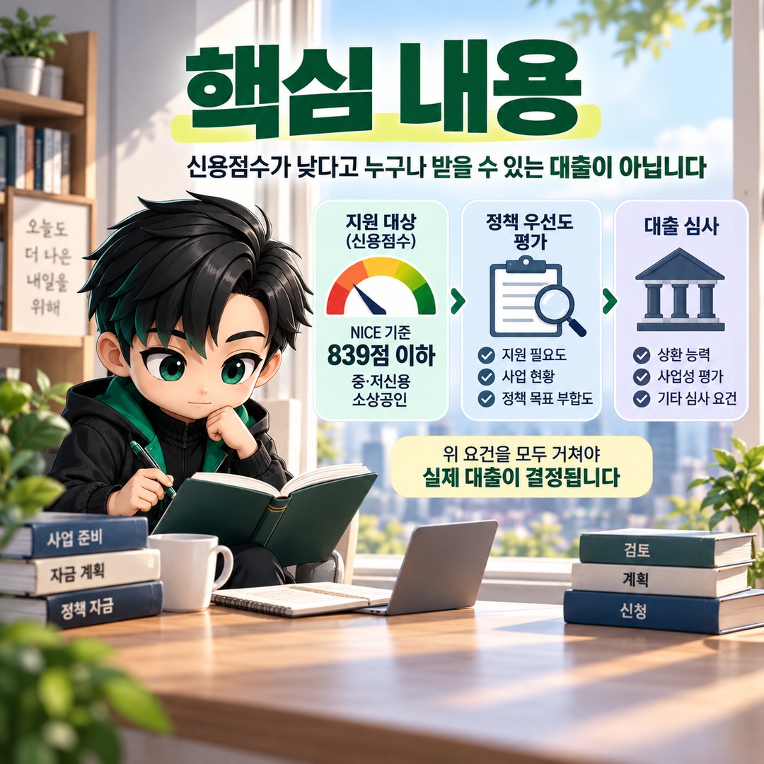 2026 소상공인 신용취약자금, 신용점수 839점 이하여도 대출이 확정되지 않는 이유 - 핵심 내용 핵심 내용을 정리한 정보형 이미지