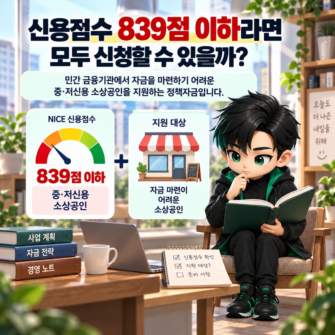 2026 소상공인 신용취약자금, 신용점수 839점 이하여도 대출이 확정되지 않는 이유 - 신용점수 839점 이하라면 모두 신청할 수 있을까? 핵심 내용을 정리한 정보형 이미지
