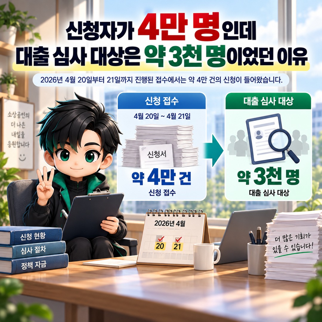 2026 소상공인 신용취약자금, 신용점수 839점 이하여도 대출이 확정되지 않는 이유 - 신청자가 4만 명인데 대출 심사 대상은 약 3천 명이었던 이유 핵심 내용을 정리한 정보형 이미지