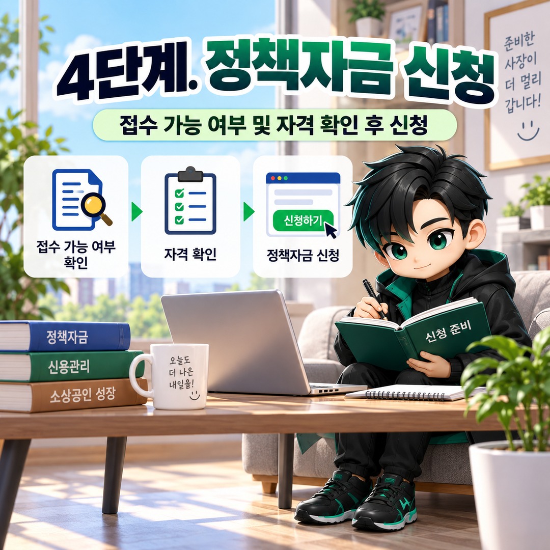 2026 소상공인 신용관리교육 어디서 듣나? 신용취약자금 신청 전 수료 확인까지 - 4단계. 정책자금 신청 핵심 내용을 정리한 정보형 이미지