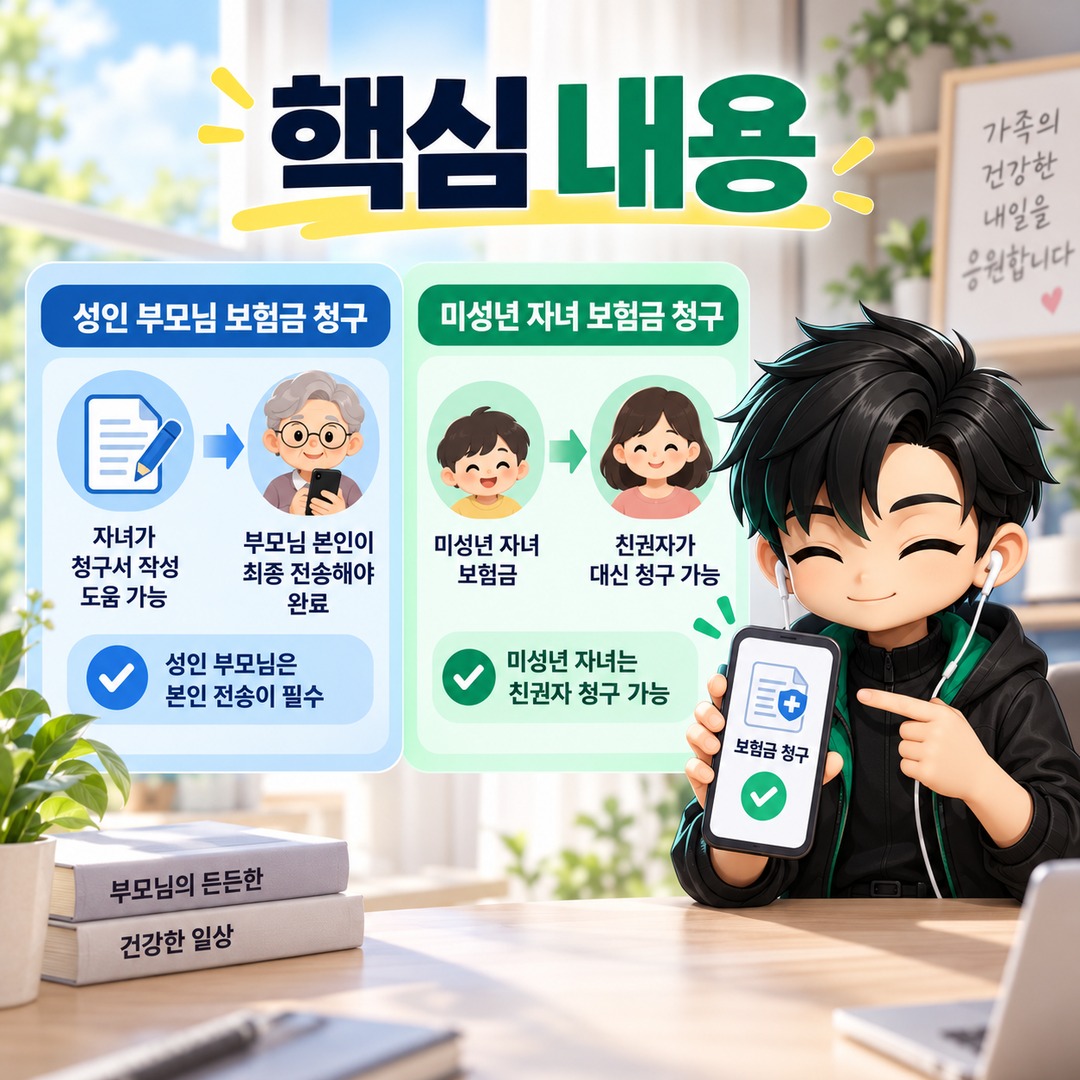 실손24 부모님 보험금 대신 청구할 수 있을까? 자녀청구와 다른 본인 전송 절차 - 핵심 내용 핵심 내용을 정리한 정보형 이미지