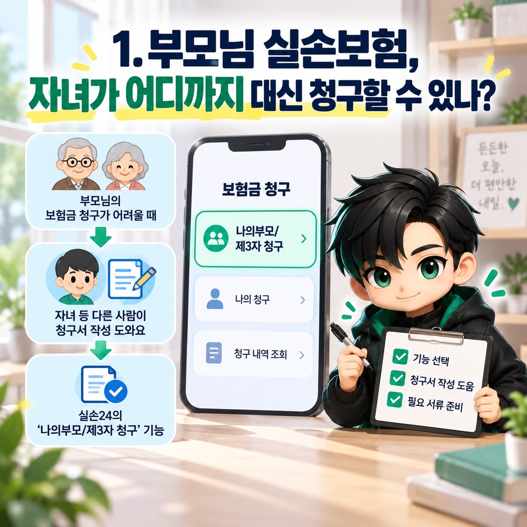 실손24 부모님 보험금 대신 청구할 수 있을까? 자녀청구와 다른 본인 전송 절차 - 1. 부모님 실손보험, 자녀가 어디까지 대신 청구할 수 있나? 핵심 내용을 정리한 정보형 이미지