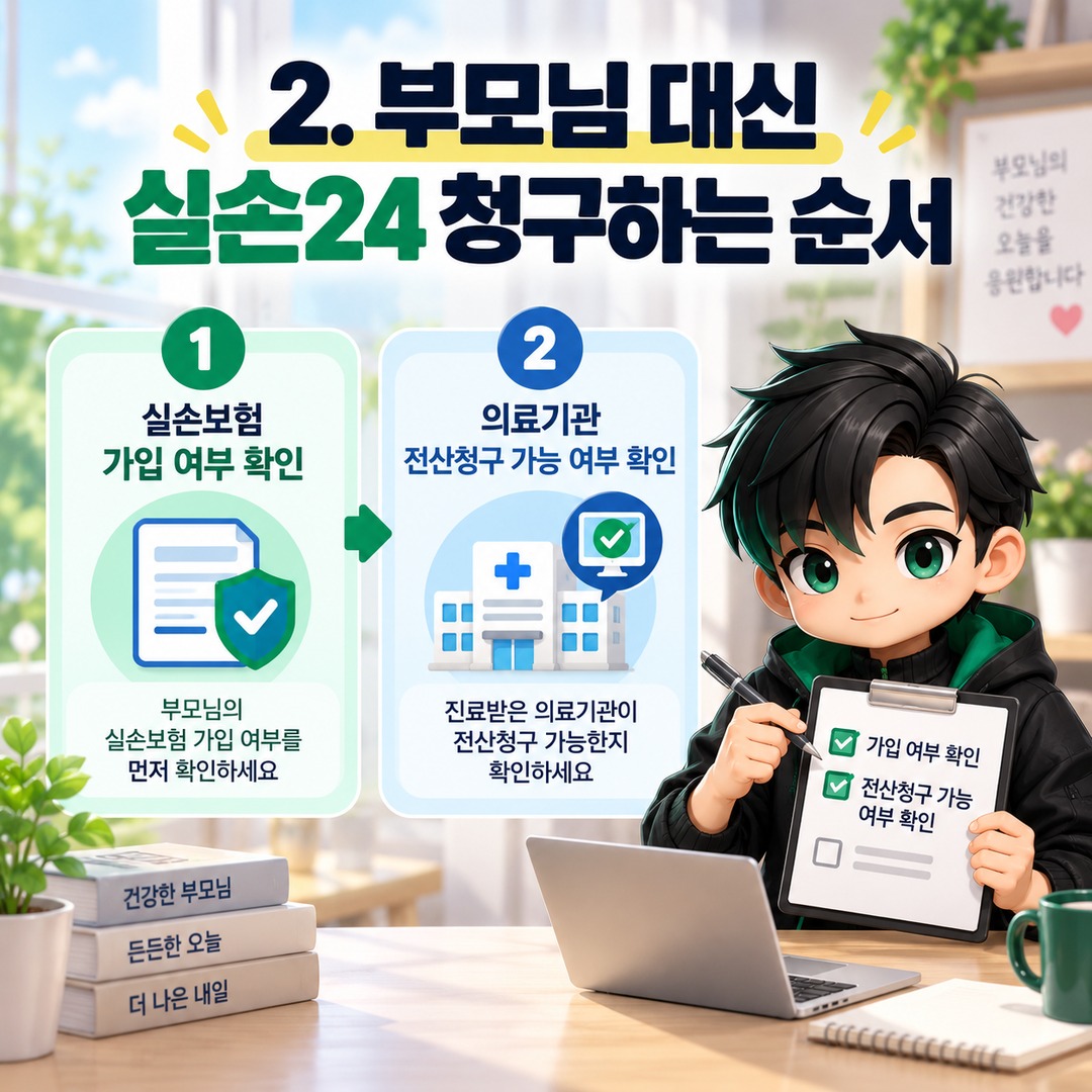 실손24 부모님 보험금 대신 청구할 수 있을까? 자녀청구와 다른 본인 전송 절차 - 2. 부모님 대신 실손24 청구하는 순서 핵심 내용을 정리한 정보형 이미지