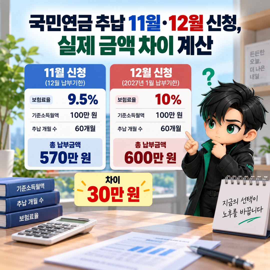 2026년 국민연금 추납, 11월과 12월 신청하면 보험료가 얼마나 달라질까 - 국민연금 추납 11월·12월 신청, 실제 금액 차이 계산 핵심 내용을 정리한 정보형 이미지