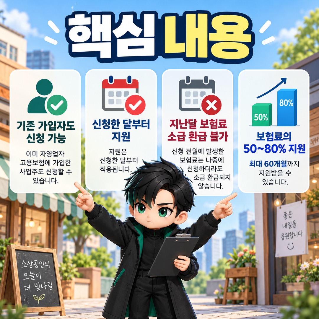 2026 소상공인 고용보험료 지원, 기존 가입자도 가능하지만 지난달 보험료는 제외 - 핵심 내용 핵심 내용을 정리한 정보형 이미지