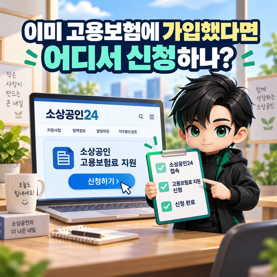 2026 소상공인 고용보험료 지원, 기존 가입자도 가능하지만 지난달 보험료는 제외 - 이미 고용보험에 가입했다면 어디서 신청하나? 핵심 내용을 정리한 정보형 이미지