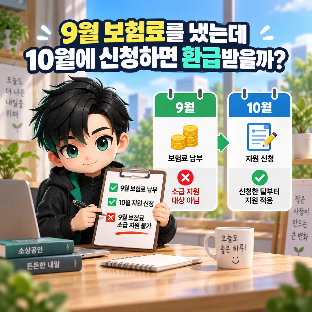 2026 소상공인 고용보험료 지원, 기존 가입자도 가능하지만 지난달 보험료는 제외 - 9월 보험료를 냈는데 10월에 신청하면 환급받을까? 핵심 내용을 정리한 정보형 이미지