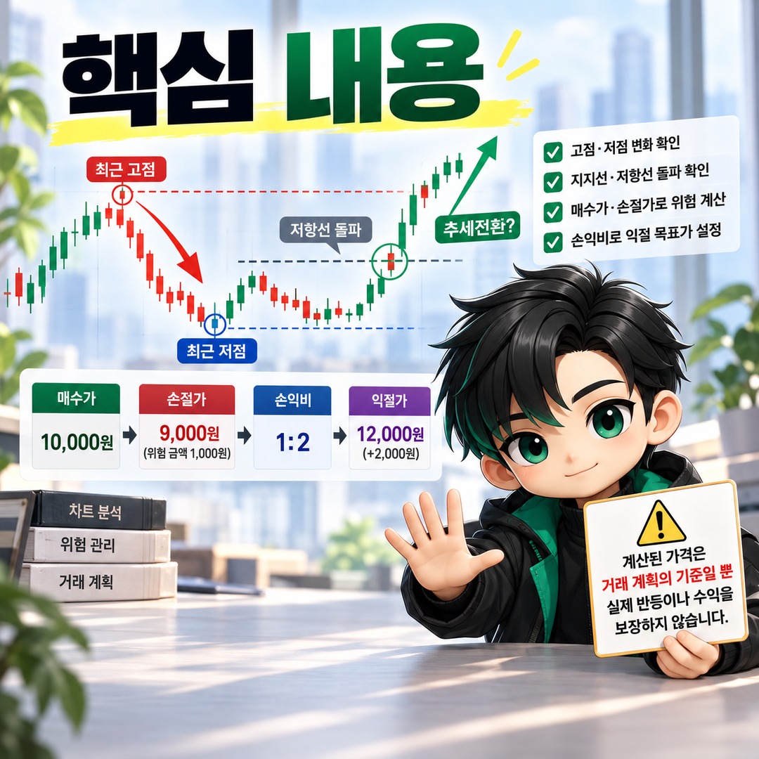추세전환 계산방법부터 손절가·익절가 설정까지, 매수가 10,000원으로 알아보는 실전 계산 - 핵심 내용 핵심 내용을 정리한 정보형 이미지
