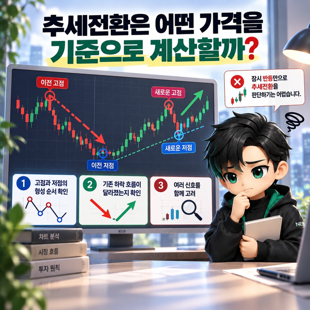추세전환 계산방법부터 손절가·익절가 설정까지, 매수가 10,000원으로 알아보는 실전 계산 - 추세전환은 어떤 가격을 기준으로 계산할까? 핵심 내용을 정리한 정보형 이미지