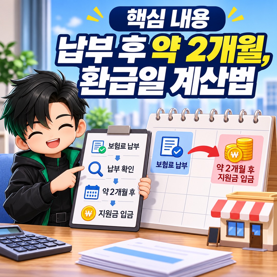 2026 소상공인 고용보험료 지원금 언제 입금될까? 납부 후 약 2개월, 환급일 계산법 - 핵심 내용 핵심 내용을 정리한 정보형 이미지