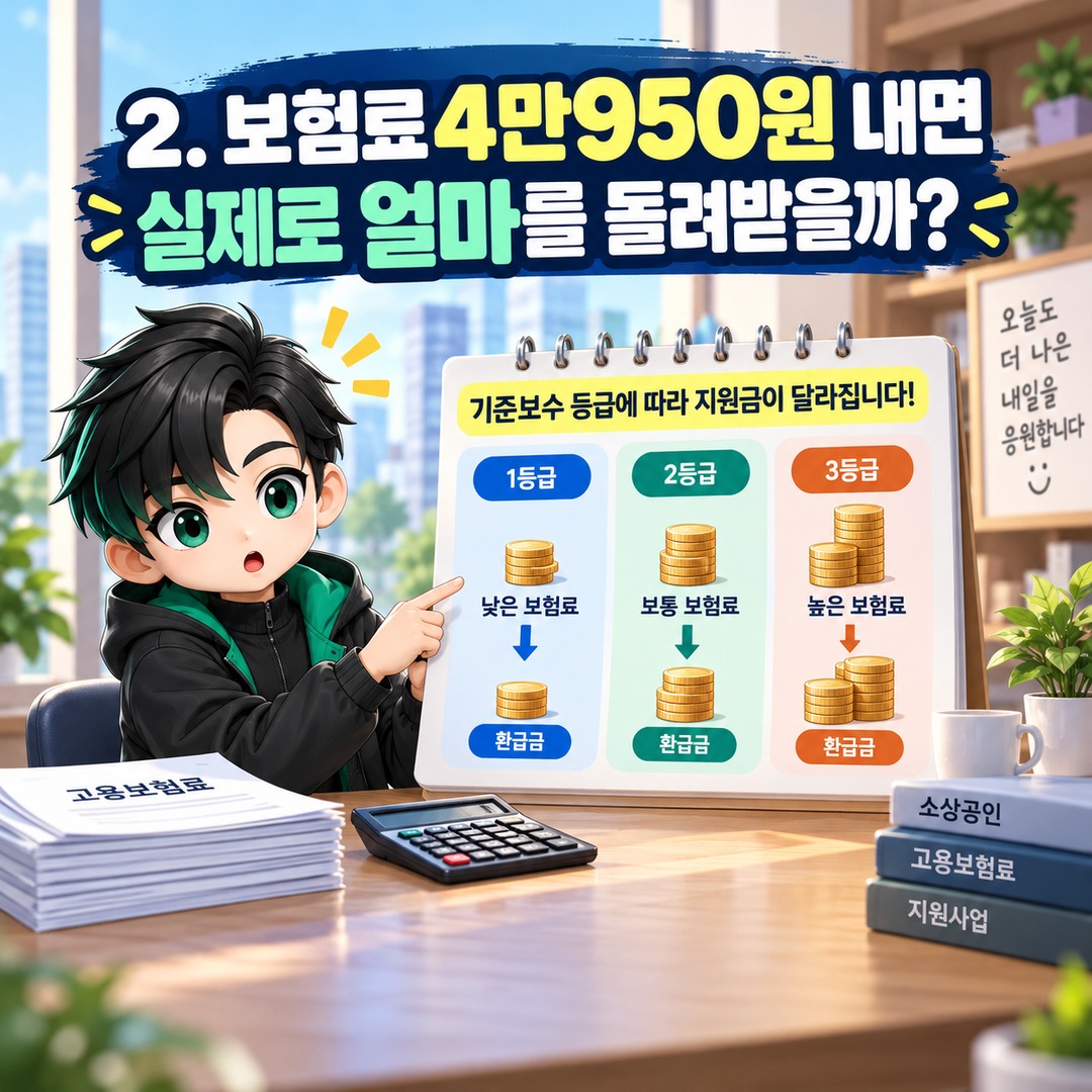 2026 소상공인 고용보험료 지원금 언제 입금될까? 납부 후 약 2개월, 환급일 계산법 - 2. 보험료 4만950원 내면 실제로 얼마를 돌려받을까? 핵심 내용을 정리한 정보형 이미지