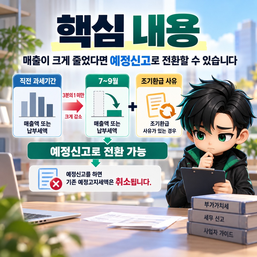 2026년 10월 부가세 예정고지, 매출 감소했다면 3분의 1 기준으로 예정신고 가능 - 핵심 내용 핵심 내용을 정리한 정보형 이미지