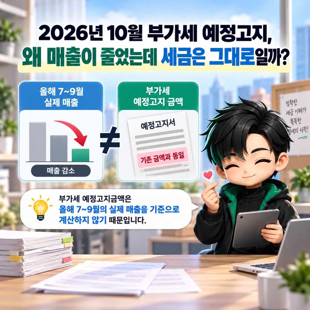 2026년 10월 부가세 예정고지, 매출 감소했다면 3분의 1 기준으로 예정신고 가능 - 2026년 10월 부가세 예정고지, 왜 매출이 줄었는데 세금은 그대로일까? 핵심 내용을 정리한 정보형 이미지