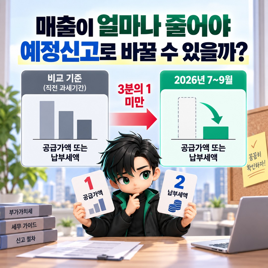 2026년 10월 부가세 예정고지, 매출 감소했다면 3분의 1 기준으로 예정신고 가능 - 매출이 얼마나 줄어야 예정신고로 바꿀 수 있을까? 핵심 내용을 정리한 정보형 이미지