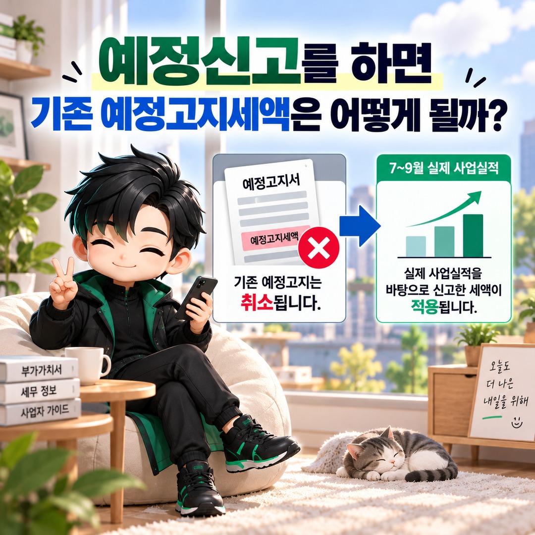 2026년 10월 부가세 예정고지, 매출 감소했다면 3분의 1 기준으로 예정신고 가능 - 예정신고를 하면 기존 예정고지세액은 어떻게 될까? 핵심 내용을 정리한 정보형 이미지