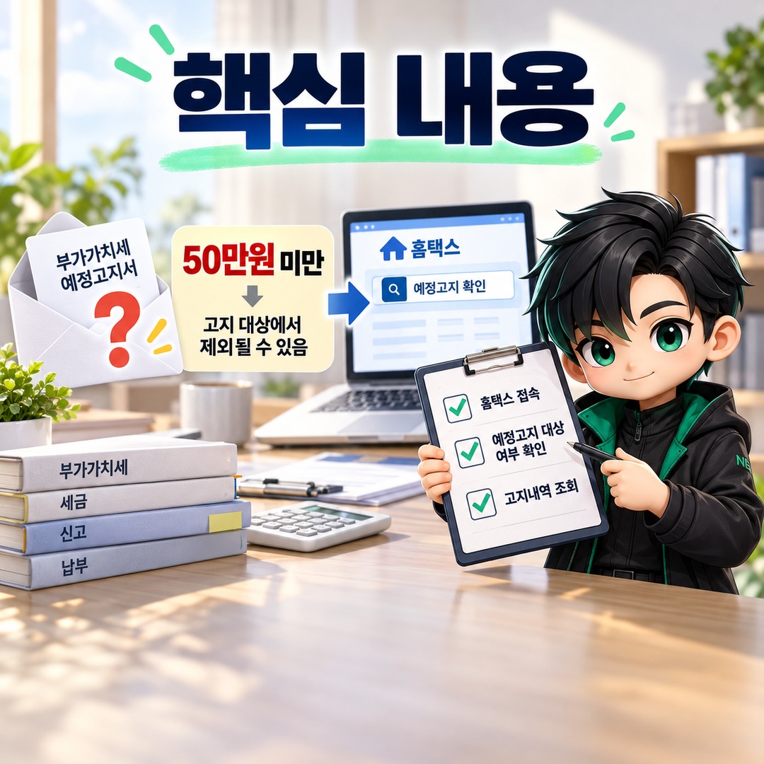 2026년 10월 부가세 예정고지서 안 왔다면? 50만원 미만 제외 기준과 홈택스 확인법 - 핵심 내용 핵심 내용을 정리한 정보형 이미지