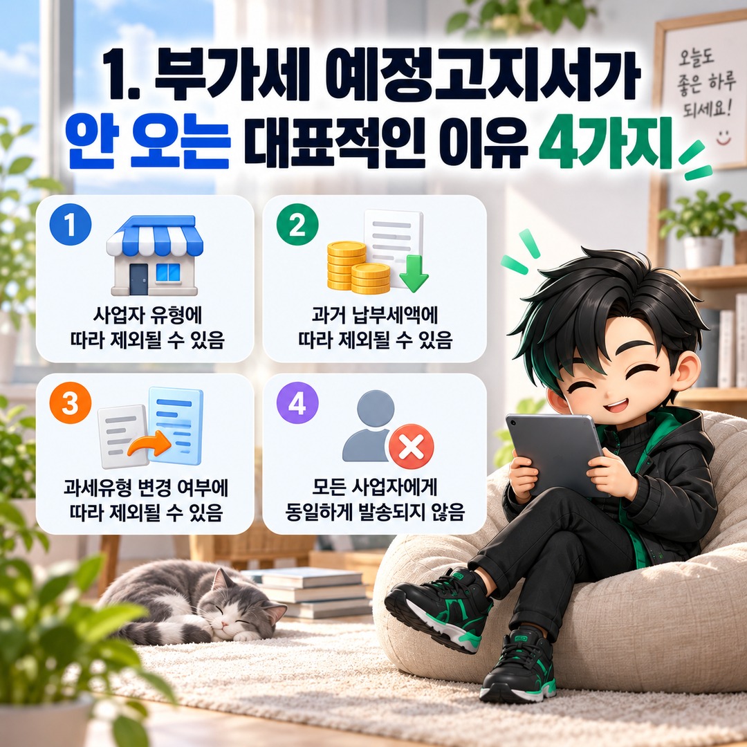 2026년 10월 부가세 예정고지서 안 왔다면? 50만원 미만 제외 기준과 홈택스 확인법 - 1. 부가세 예정고지서가 안 오는 대표적인 이유 4가지 핵심 내용을 정리한 정보형 이미지