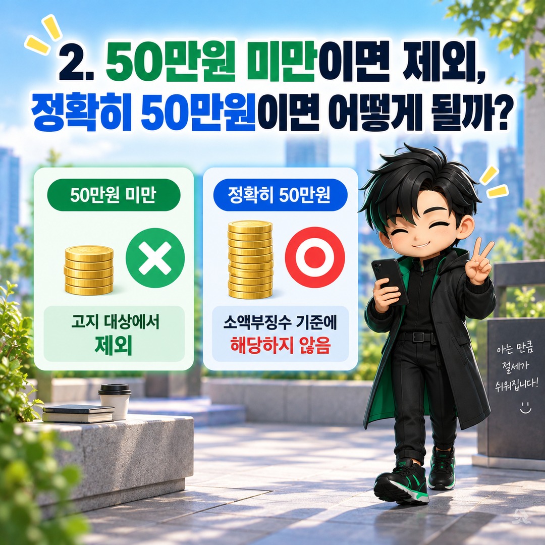2026년 10월 부가세 예정고지서 안 왔다면? 50만원 미만 제외 기준과 홈택스 확인법 - 2. 50만원 미만이면 제외, 정확히 50만원이면 어떻게 될까? 핵심 내용을 정리한 정보형 이미지