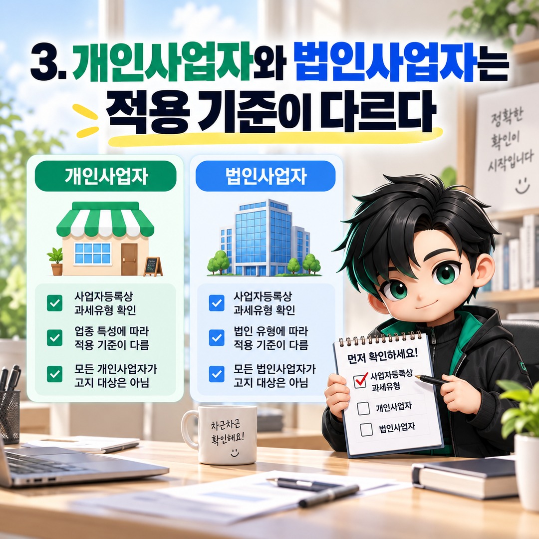 2026년 10월 부가세 예정고지서 안 왔다면? 50만원 미만 제외 기준과 홈택스 확인법 - 3. 개인사업자와 법인사업자는 적용 기준이 다르다 핵심 내용을 정리한 정보형 이미지