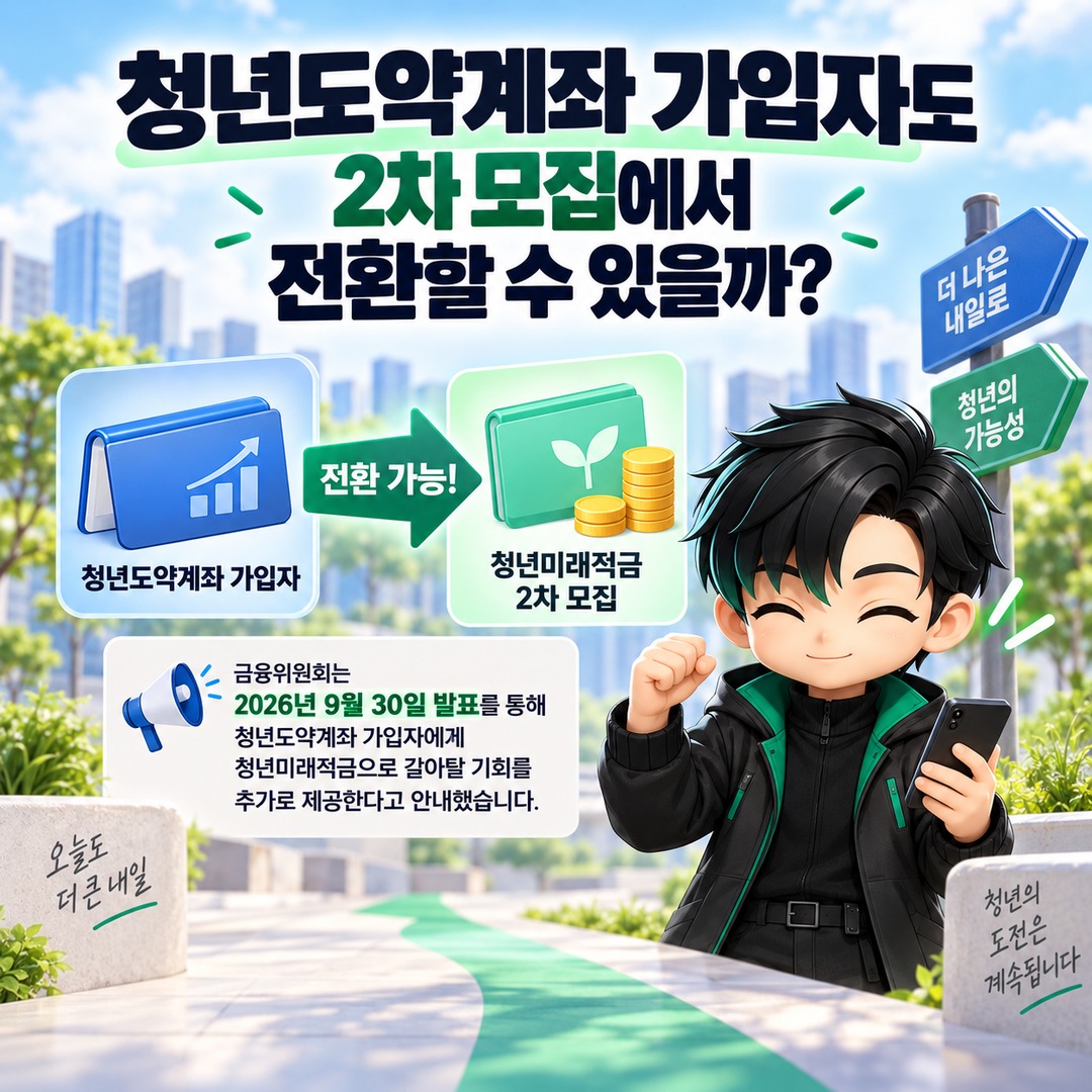 2026 청년미래적금 2차 신청, 청년도약계좌 갈아타기는 계좌 개설이 먼저 - 청년도약계좌 가입자도 2차 모집에서 전환할 수 있을까? 핵심 내용을 정리한 정보형 이미지