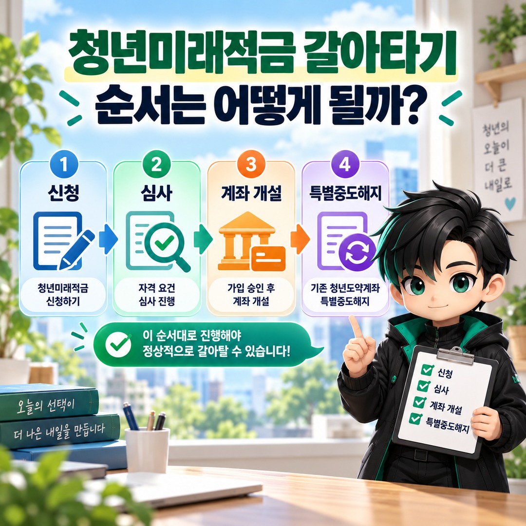 2026 청년미래적금 2차 신청, 청년도약계좌 갈아타기는 계좌 개설이 먼저 - 청년미래적금 갈아타기 순서는 어떻게 될까? 핵심 내용을 정리한 정보형 이미지
