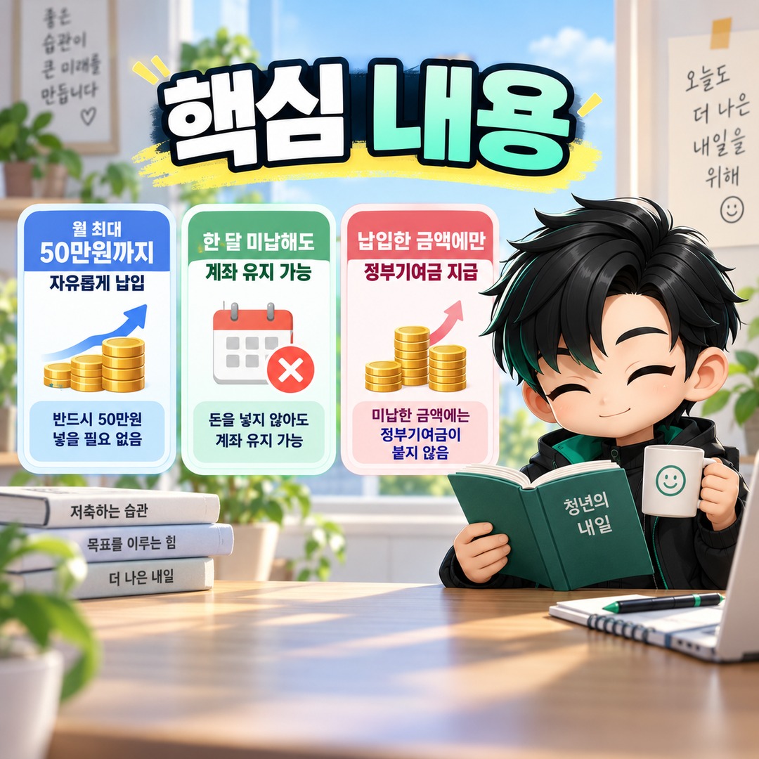 청년미래적금 매달 50만원 못 넣으면 정부기여금도 사라질까? 미납·소액 납입 차이 - 핵심 내용 핵심 내용을 정리한 정보형 이미지