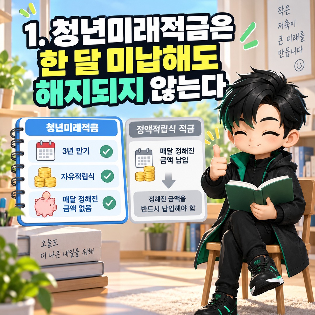 청년미래적금 매달 50만원 못 넣으면 정부기여금도 사라질까? 미납·소액 납입 차이 - 1. 청년미래적금은 한 달 미납해도 해지되지 않는다 핵심 내용을 정리한 정보형 이미지