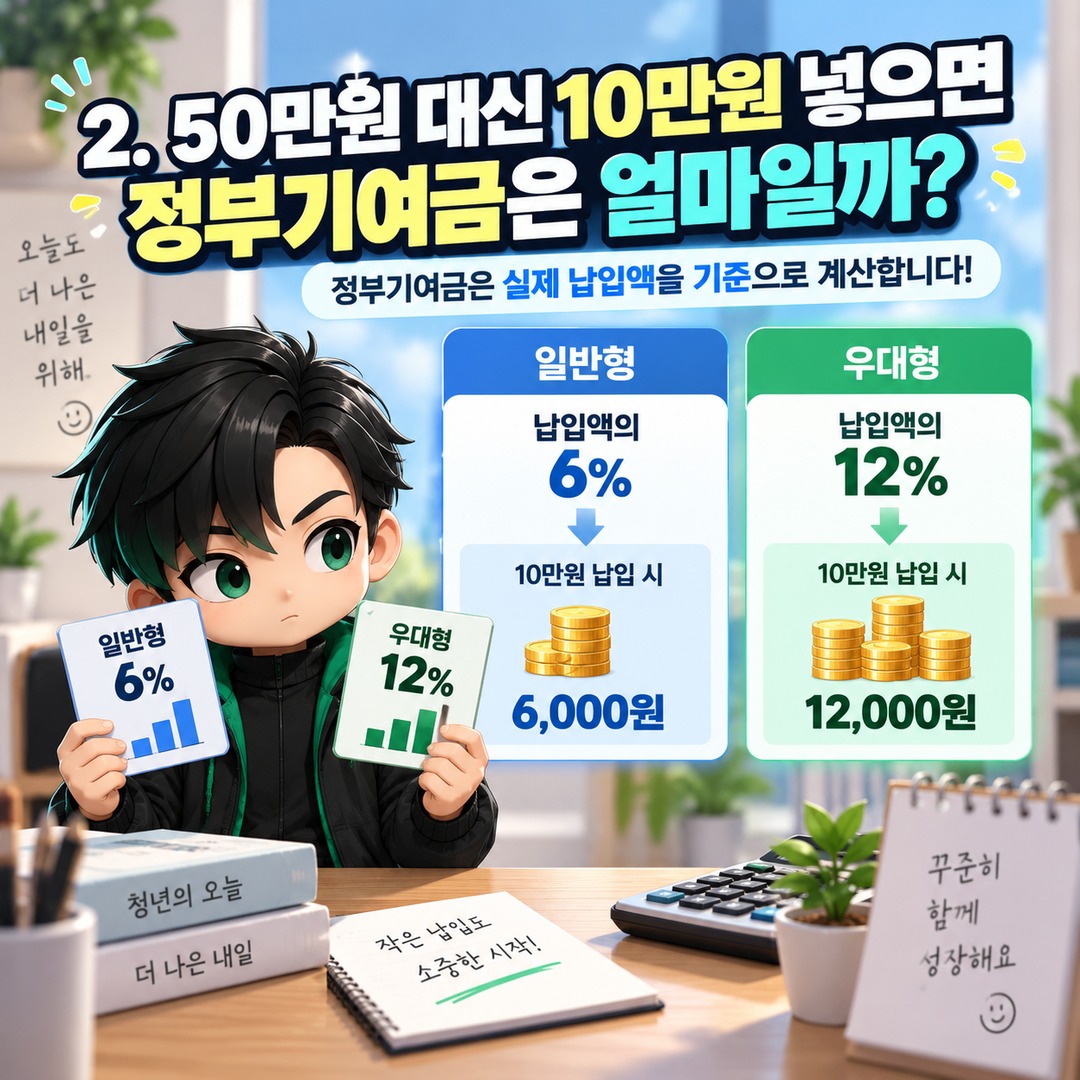 청년미래적금 매달 50만원 못 넣으면 정부기여금도 사라질까? 미납·소액 납입 차이 - 2. 50만원 대신 10만원 넣으면 정부기여금은 얼마일까? 핵심 내용을 정리한 정보형 이미지