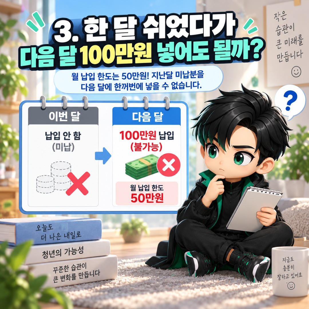 청년미래적금 매달 50만원 못 넣으면 정부기여금도 사라질까? 미납·소액 납입 차이 - 3. 한 달 쉬었다가 다음 달 100만원 넣어도 될까? 핵심 내용을 정리한 정보형 이미지