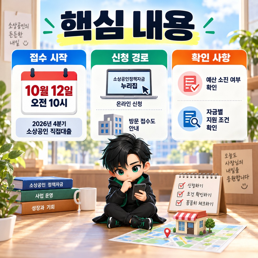 2026년 4분기 소상공인 직접대출 10월 12일 접수 시작, 신청 경로와 방법 - 핵심 내용 핵심 내용을 정리한 정보형 이미지