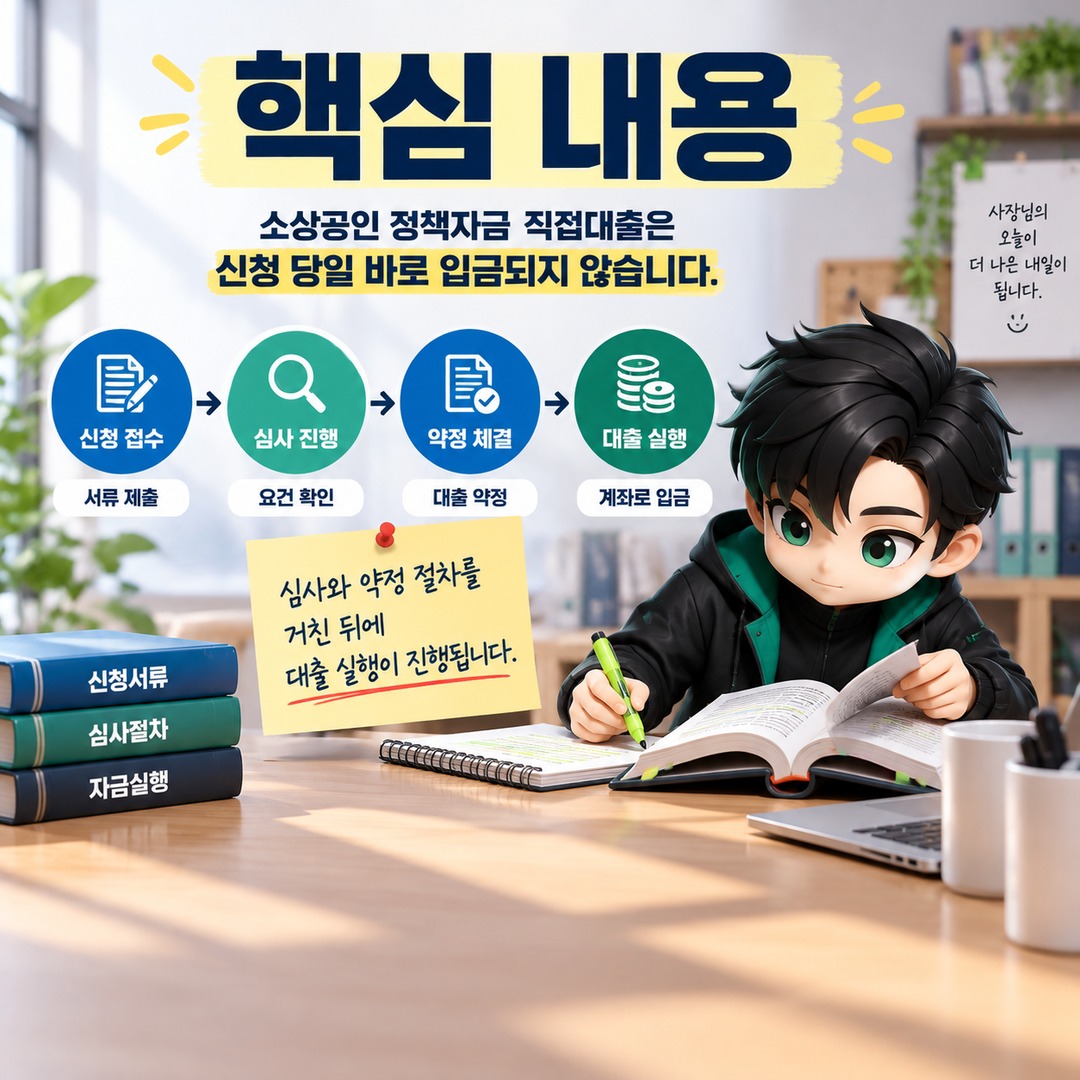 소상공인 정책자금 직접대출 신청 후 언제 입금될까? 심사부터 실행까지 걸리는 시간 확인법 - 핵심 내용 핵심 내용을 정리한 정보형 이미지