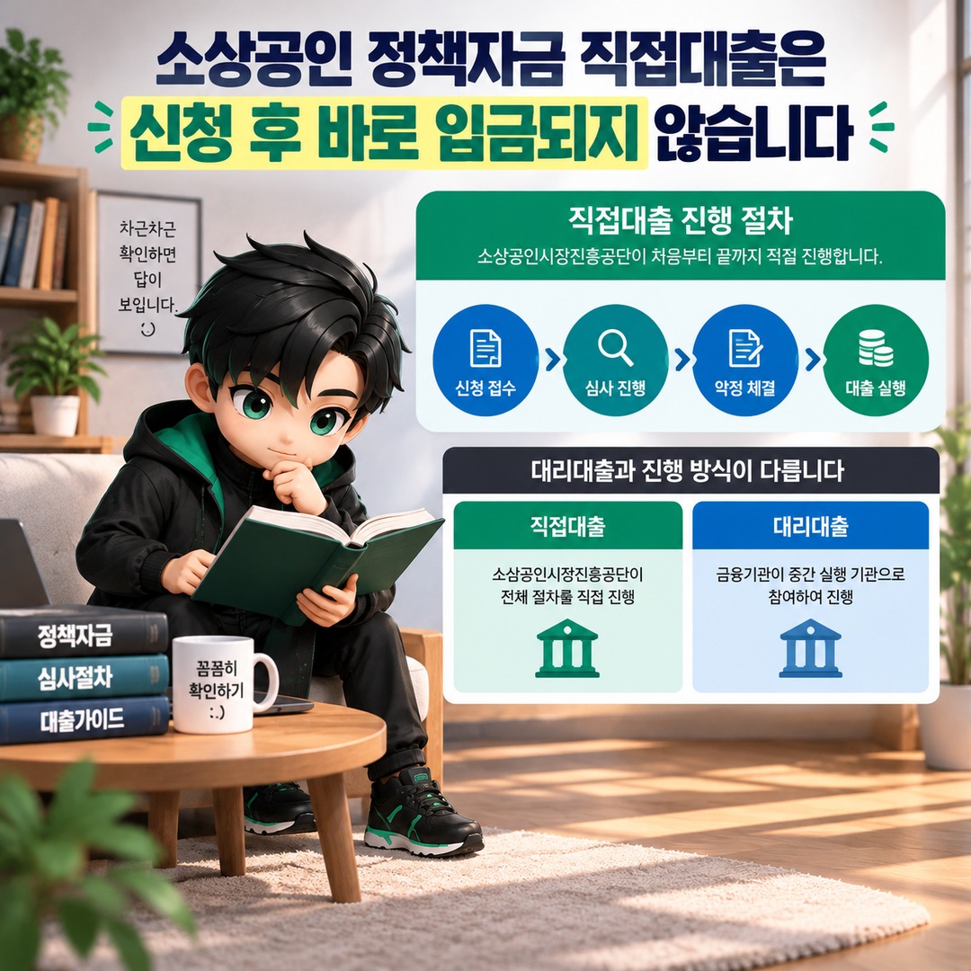 소상공인 정책자금 직접대출 신청 후 언제 입금될까? 심사부터 실행까지 걸리는 시간 확인법 - 소상공인 정책자금 직접대출은 신청 후 바로 입금되지 않습니다 핵심 내용을 정리한 정보형 이미지