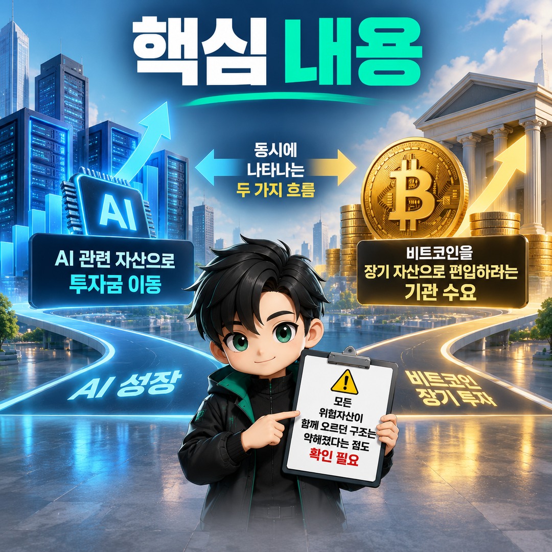 비트코인 끝났나? AI로 향한 투자금 속 기관 자금이 보는 두 가지 흐름 - 핵심 내용 핵심 내용을 정리한 정보형 이미지