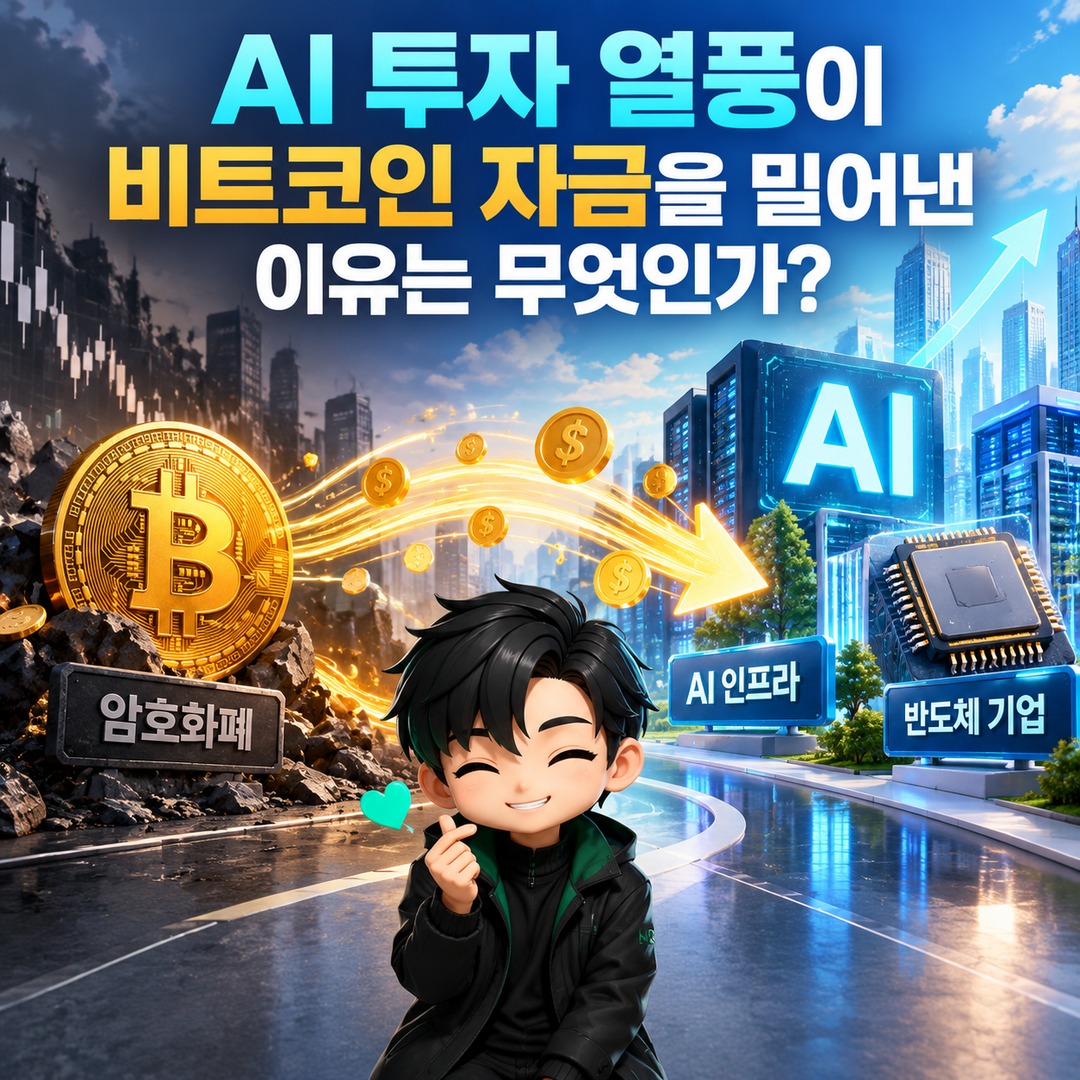 비트코인 끝났나? AI로 향한 투자금 속 기관 자금이 보는 두 가지 흐름 - AI 투자 열풍이 비트코인 자금을 밀어낸 이유는 무엇인가 핵심 내용을 정리한 정보형 이미지