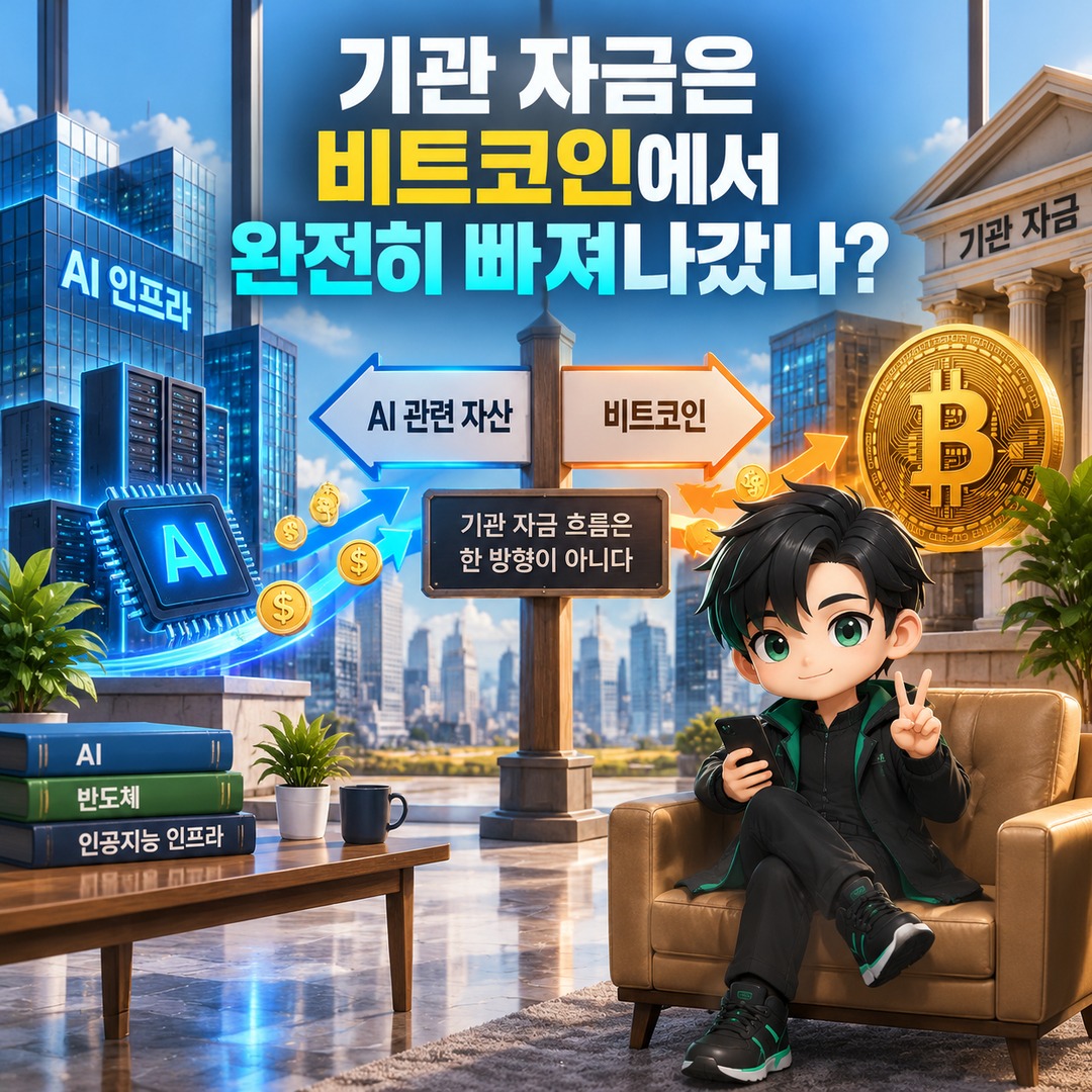 비트코인 끝났나? AI로 향한 투자금 속 기관 자금이 보는 두 가지 흐름 - 기관 자금은 비트코인에서 완전히 빠져나갔나 핵심 내용을 정리한 정보형 이미지
